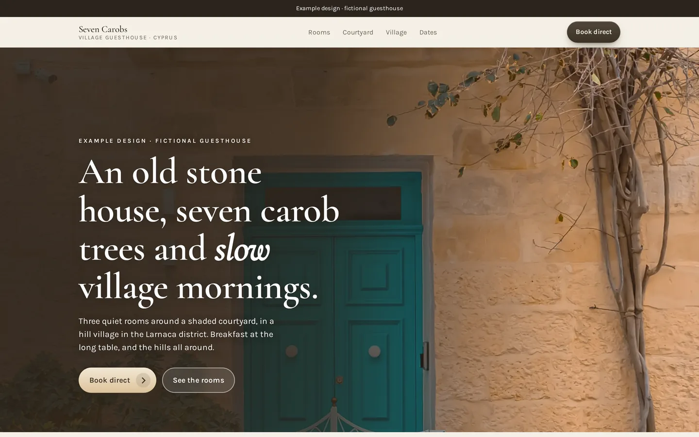 Example design: the home page of Seven Carobs, a fictional village guesthouse